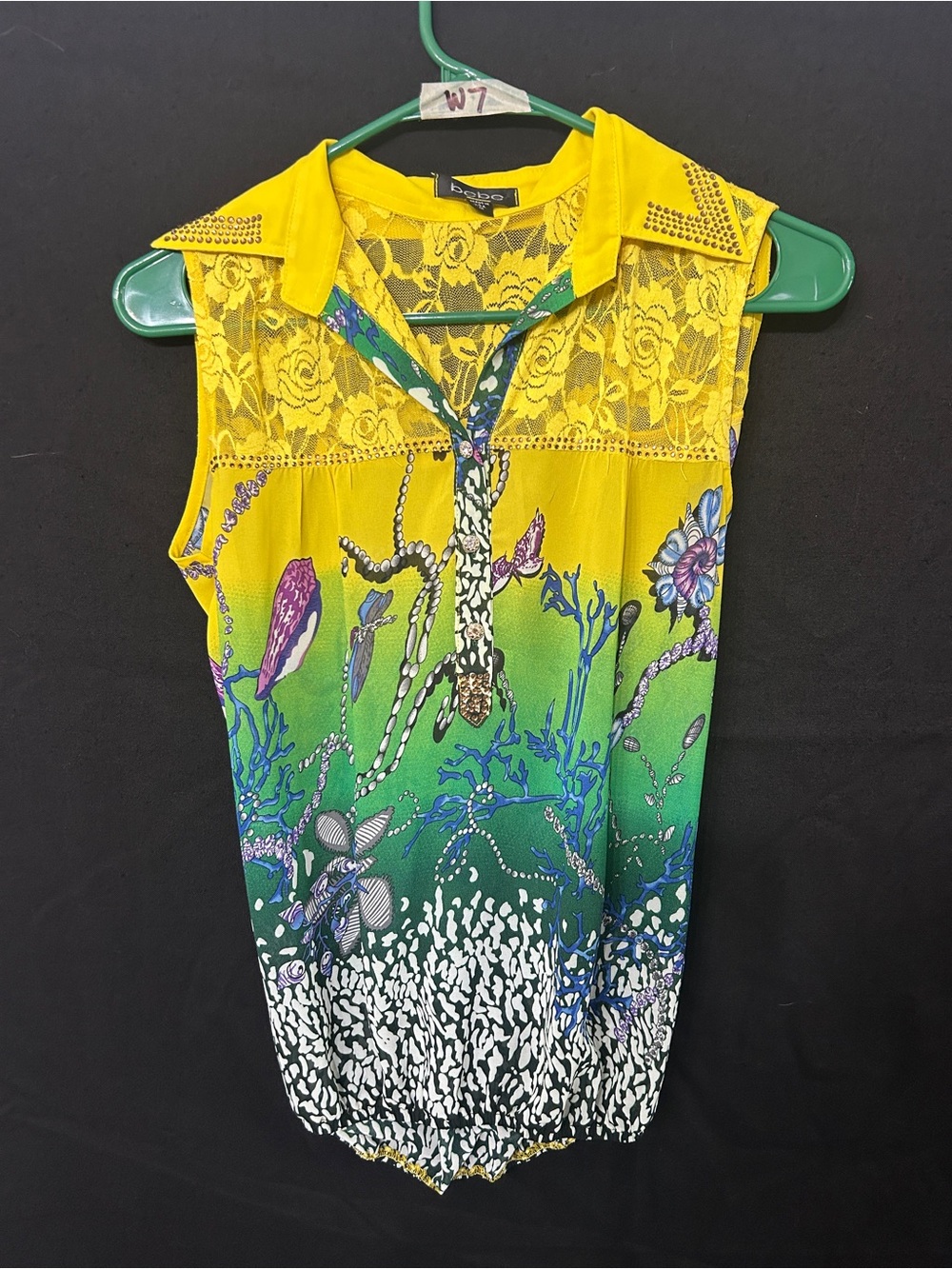 Women’s Bebe Rhinestone Lace Chiffon Sleeveless Statement Top Medium